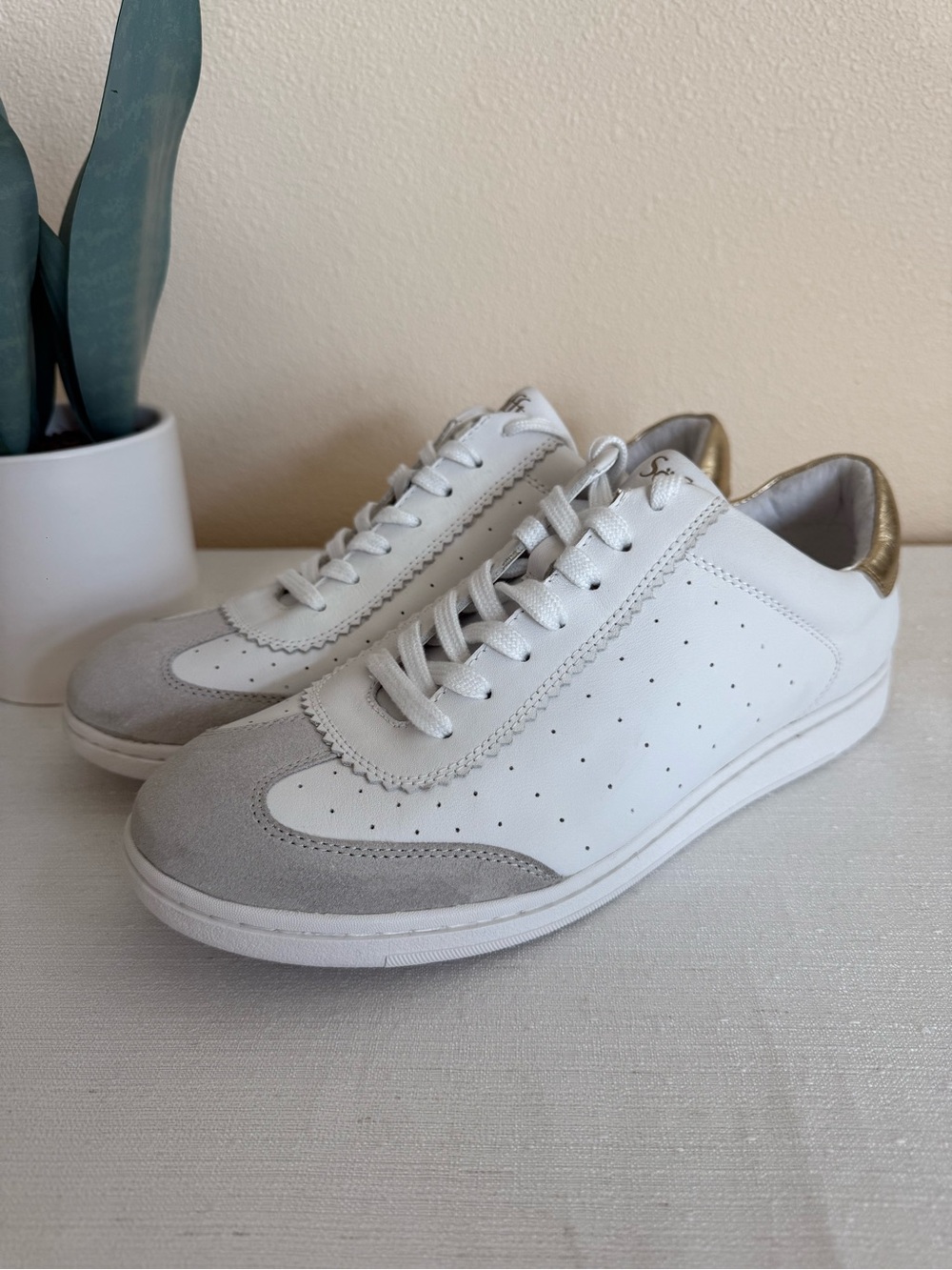 New Sofft White Leather Sneakers with Gray Toe and Gold Heel Accent - Picture 6 of 12